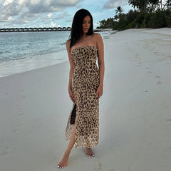 Lunivop Vintage Leopard Print Sexy Strapless Long Dress Outfits For Women High Slipt Sexy Backless Summer Vacation Dresses