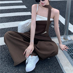 Lunivop Summer New High Street Contrast Color Patchwork Sexy Irregular Camisole Women + Loose Casual Wide Leg Pants Two-piece Suit
