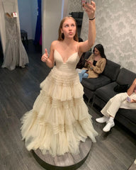 Lunivop Beige Ruffled Spaghetti strap Bridal Dress Elegant Layered Tulle Ball Gown Floor Length Simple Prom Dress Ever Pretty Gown