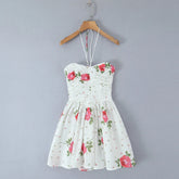 Lunivop Sexy White Floral Print Lacing Up Bow Halter Sling Dress Women Fold Ruched Slim Waist Backless Swing Short Dresses Robe