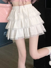 Lunivop Preppy Style Sweet White Skirts Women High Waist Chic Korean Mini Skirt Lace Patchwork Elegant Female Fashion A Line Skirts