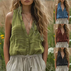 Lunivop Elegant Sleeveless Women's Shirt Casual Loose Cotton and Linen Solid Color V-neck Vest Tops Fashion Pocket Button Up Blouse