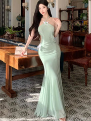 Lunivop Spring Summer Green Mesh Chic Bow Hollow Out Dresses Women Fashion Bodycon Sexy Neck-mounted 2025 Korean Elegant Party Dress