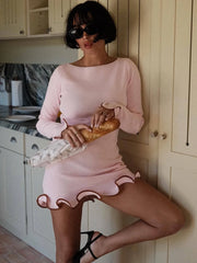 Lunivop Knitted Sexy Round Neck Ruffles Dress Women Black Long Sleeve High Waist Dress Female Autumn Slim Elegant Party Clubwear