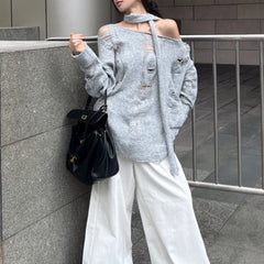Lunivop High Street Gray Hollow Hole Sexy Long Sleeve Sweater Women Autumn New Korean Strapless Lace-up Loose Casual Knitted Tops