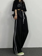 Lunivop Streetwear Loose Striped Black Trousers Women High Waist Casual Sweatpants Korean Preppy Style Student Chic Wide Leg Pants