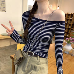 Lunivop 2025 New Spring Summer Vintage Striped Women's T-shirt Long Sleeve One Shoulder Casual Korean Bottom Shirts Tops Female
