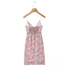 Lunivop Pink Floral Print Backless Sling Dress Summer Woman Spliced Lace Bow V neck Mini Short Robe Beach Holiday Vestidos