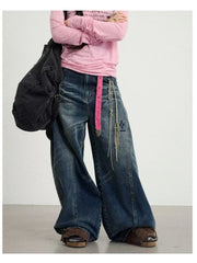 Lunivop Y2k Vintage Scimitar Washed Jeans Women and Men Harajuku Wide Leg American Retro Denim Pants Baggy Streetwear Spring