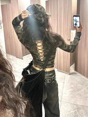 Lunivop Vintage Camouflage Print Backless Bandage Sweatshirt Women Autumn Slim Fit Zipper Long Sleeve Jackets Y2k Hoodies