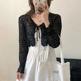 Lunivop Tie Front Crop Cardigan Long Sleeve Pointelle Knit Openwork Shrug Jacket Women Teen-girl Spring Summer Fairycore Outfit