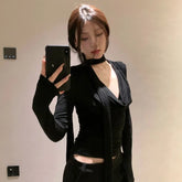Lunivop American Sexy V-neck Black T-shirts Irregular Slim Fit Long Sleeve Tee Shirt Spring New Long Sleeve Top for Women