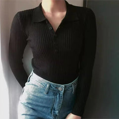 Lunivop Woman Open Buttons Lapel collar Knitted Long Sleeve Sweater Slim Fit Crop Knitwear