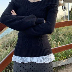 Lunivop Korean Style Grey Sexy Sweater Women Sweet Off Shoulder V-neck Knitted Pullover Slim Up Fashion Long Sleeve Sweaters