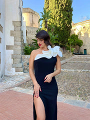 Lunivop Women High Slit Party Dress One Shoulder Ruffle White Black Contrast Color Maxi Female Event Prom Evening Celebrate Night Out