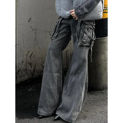 Lunivop Black Women Jeans High Waist Vintage Multiple Pockets Straight Y2K Baggy Denim Pants Street American Style Wide Leg Denim Trouse
