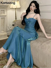 Lunivop Sexy Solid Spaghetti Strap Sleeveless Evening Dresses Elegant Ruffles Party Long Dress For Women Summer Slim Beach New Vestidos