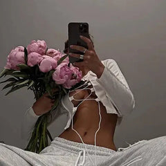Lunivop Autumn And Winter New Sexy V-Neck Design Sense Lacing Hollow Slim T-Shirt Long Sleeve Top Street Style Sexy Long Sleeve Top