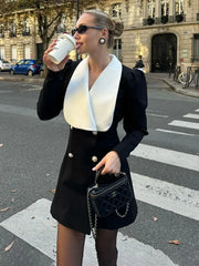 Lunivop Contrast Color Lapel Suit Dress Elegant Office Woman Outfits Pleatd Splice High Waist Mini Dress Double Breasted Fashion
