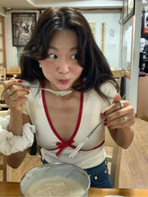 Lunivop Retro Red Bow Color White T-shirt V-Neck Slim Short Sleeve Top Women's Summer Short Sleeved Top Korean roupas feminina