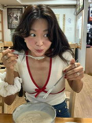 Lunivop Retro Red Bow Color White T-shirt V-Neck Slim Short Sleeve Top Women's Summer Short Sleeved Top Korean roupas feminina