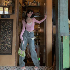 Lunivop Y2k V-neck Patchwork Lace Cardigan for Women Thin Long Sleeve Tops Mujer Spring Autumn New Slim Fit Knitted T-shirts