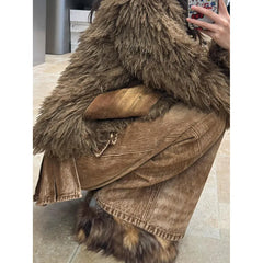 Lunivop Women's Brown Splicing Cargo Baggy Jeans Y2K Japanese Harajuku High Street 2000s Style Streetwear Aesthetic 90s Retro Jeans