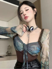 Lunivop Elegant Vintage Tie Dye Patchwork Tops Mujer Sexy Slim Fit Long Sleeved T-shirt for Women Summer New Lace Up Tee Shirt