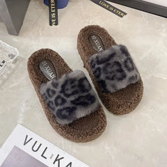 Lunivop New Casual Fluffy Slippers Women Home Fashion Leopard Plush Designer Winter Shoes Girls Flat Open Toe Platform Slipperss