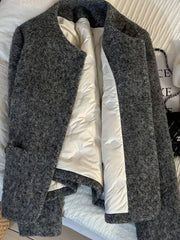 Lunivop Vintage Faux Woolen Coat Women Warm Winter Thick Long Sleeve Gray Cotton Jacket Female Retro O Neck Pockets Casual Tops New