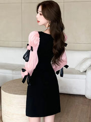 Lunivop Autumn Sweet Princess Party Mini Dress for Women Elegant Rose Floral Bow Puff Sleeve Birthday Prom Vestidos Mujer Female Outfits