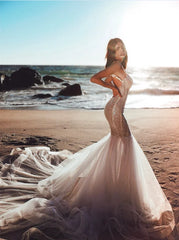 Lunivop Sparkle V Neck Sequined Spaghetti Straps Tulle Mermaid Wedding Dresses For Brides Sexy Backless Long Bridal Gowns Robe De Mariee