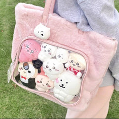 Lunivop Japanese Transparent Pink Ita Bag Purse Women Harajuku Aesthetic Plush Handbag Female Large Capacity Tote Bag 2025 New