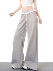 Lunivop Elegant Vintage Gray Sweatpants Women High Waist Korean Sweet Wide Leg Pant Fall Retro Loose Ruffles Pockets Lady Trousers