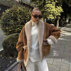 Lunivop Autumn and Winter Warm Cotton Jacket Coat 2024 Loose Brown Faux Fur Suede Jacket Casual Oversize Coats Jacket Women