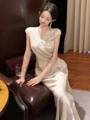 Lunivop Temperament Dresses Women V Neck Elegant Sexy Slim French Style Solid Temperament Mermaid Dress Party Female Vintage