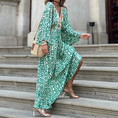 Lunivop Retro Floral Print Holiday Beach Dress Summer V-Neck Green Bohemian Long Women Puff Sleeve Belted A-Line Maxi Sundress