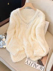 Lunivop Pink Sweet Knitted Sweaters Women Fashion Lazy Wind Diamond Elegant Jumper Korean Chic Long Sleeve Loose Fall Winter Pullovers