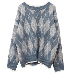 Lunivop Blue & Grey Argyle Sweater Women Crew Neck Long Sleeve Pullovers Jumper Shcoolgirl Fall Winter Preppy Style Outfit
