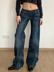 Lunivop Chic Patchwork Pockets Jeans Korean Fashion Low Rise Casual Straight Denim Pants Distressed y2k Trousers for Women Basic