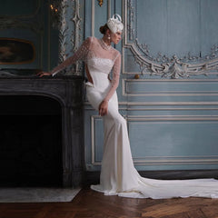 Lunivop High O-neck Pearls Long Sleeve Mermaid Dress Floor Length See Through Women White Bridal Satin Dresses Custom Made Wedding Gown