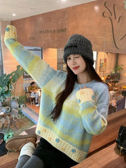 Lunivop Hole Y2K Gradient Striped Sweater Women Vintage Preppy Style Long Sleeve Knitted Pullovers Casual O Neck Buttons Sweet Jumper