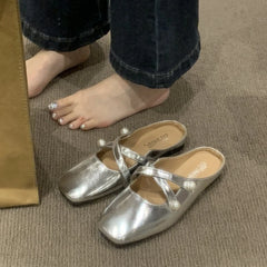 Lunivop New Women's Mules Slippers Shoes Comfort PU Leather Flat Ballet Shoes Ladies Fashion Slip on Cross Mary Jane Women Slippers