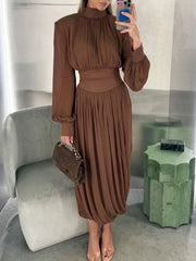 Lunivop Tapered Waist Flower Bud Maxi Dress Women's Puff Sleeves Fashion Solid Round Neck Contrast Slim Party Dress Female Dress