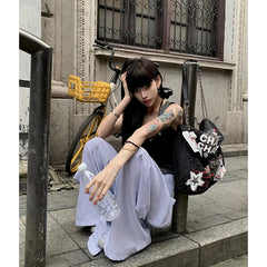 Lunivop Autumn New Fashion Blue Stripe High Elastic Waist Removable Decoration Pants New Loose Trousers Women Fashion Y2K Tide