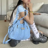 Lunivop Hot Girls Blue Shoulder Bags Women Retro Leather Large Capacity Y2k Handbag Female Vintage Messenger Tote Bag Aesthetic
