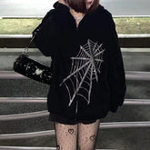 Lunivop Full Zip Up Hooded Tops Sequin Loose Baggy Female Clothes with Zipper Glitter Spider Rhinestone Sweatshirts for Women Coat Trend