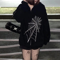 Lunivop Full Zip Up Hooded Tops Sequin Loose Baggy Female Clothes with Zipper Glitter Spider Rhinestone Sweatshirts for Women Coat Trend