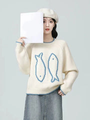 Lunivop O Neck Vintage Print Sweaters Women Preppy Style Japan Lazy Wind Knitted Jumper Loose Long Sleeve Retro Sweet Cute Pullover