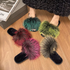 Lunivop Fashion Women Furry Slippers New Spring Fox Hair Fluffy Sandals Woman Solid Color Low Heels Flat Slippers Zapatos De Mujer
